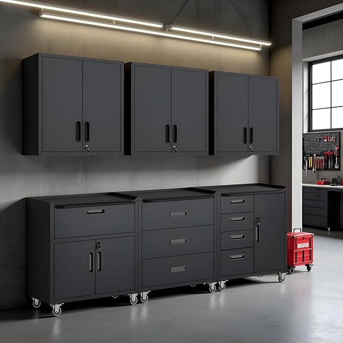 Garage Storage Cabinet System 6pcs Heavy Duty Workshop Set Wall Cabinet Lockable Rolling Tool Cabinets with Adjustable Shelves Metal Garage Storage Cabinets