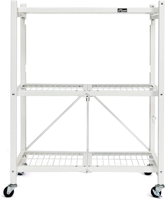 Origami R3 3-Tier Foldable Garage Shelving Heavy Duty Shelving Holds 750 pounds, Garage Storage Rack, Pre-Assembled Utility Rolling Shelf with Wheels | 29" W x 13" D x 35.5" H (White, R3)
