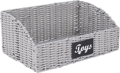 Dog Toy Basket,Cat Toys Bin,Woven Storage basket for Dog Cat Toys,Foldable Dog Toy Box for Living Room Area,Pet Organizer with Wire Frame,Ideal for Pet Accessories(Gray)