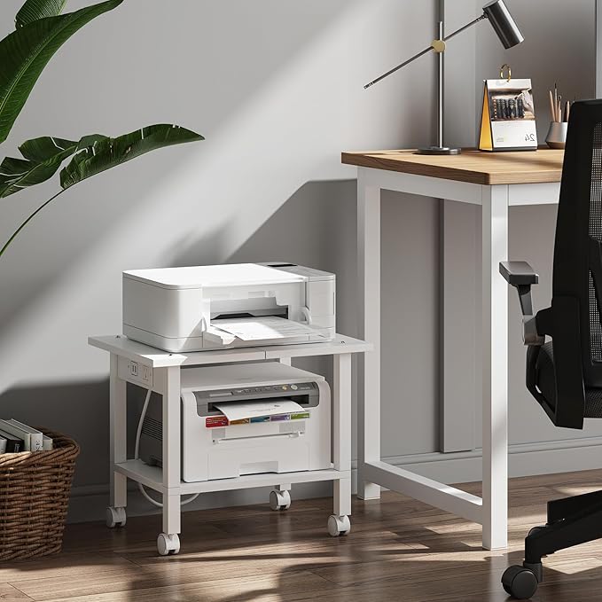 TUTOTAK 2 Tier Printer Stand, Rolling Printer Cart with Power Outlets and USB Ports, Mobile Printer Table with Wheels, for Under Desk, Office, Home, White PS01BW001P