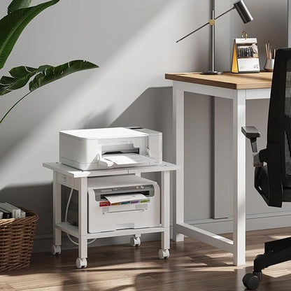 TUTOTAK 2 Tier Printer Stand, Rolling Printer Cart with Power Outlets and USB Ports, Mobile Printer Table with Wheels, for Under Desk, Office, Home, White PS01BW001P