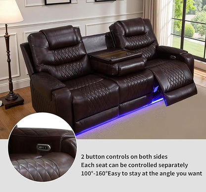 Power Recliner Sofa Set with LED Lights,Leather Reclining Sofa with Charge Port/Drop-Down Table/Storage Console/Cup Holder for Living Room/Office/Home Theater(3 Piece Set,Dark Brown)