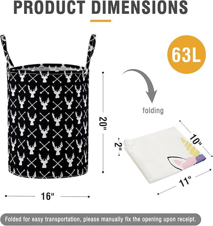 TECHMILLY Large Storage Basket for Girls and Boys, Collapsible Laundry Hamper with Long Handles, Toy Bins for Nursery, Kids Room Décor (Black Deer, 2 Pack)