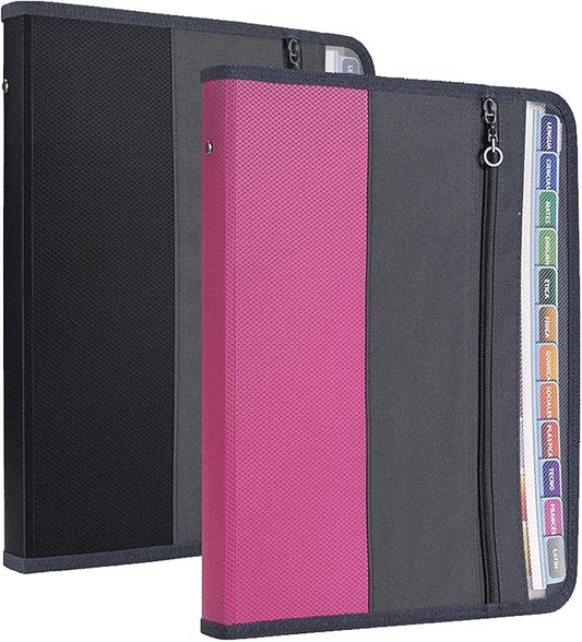 NAFY Expanding File Folders, 2Pack 13 Pockets Document Organizer with Zipper, A4 Letter Size Portable Accordion Expanding File Folders with Multicolor Labels for Office School Supplies (Black+Pink)