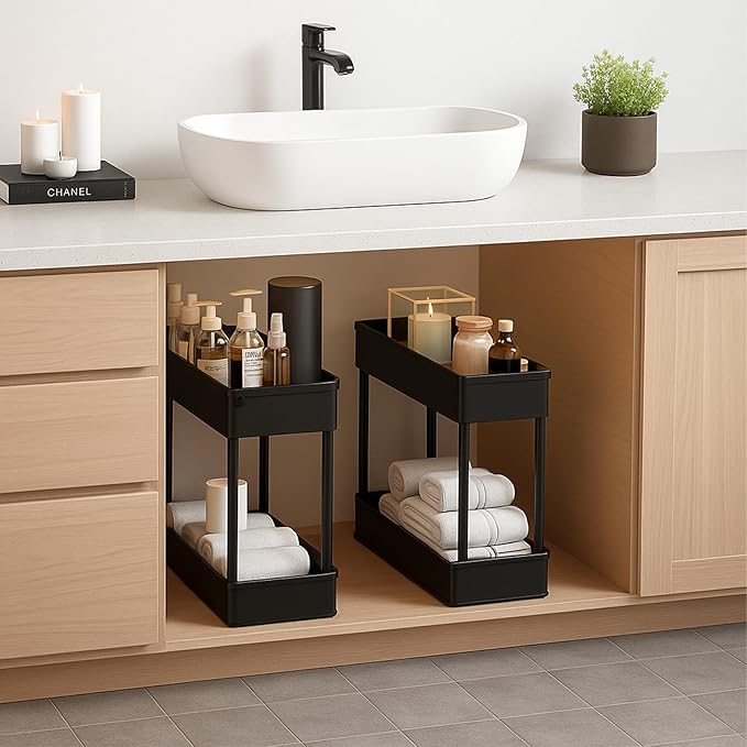 ShellKingdom 4 Tier Bathroom Storage Organizer, Slim Rolling Storage Cart for Narrow Space, Mobile Shelving Unit with Lockable Wheels and Hooks for Bathroom, Kitchen, Laundry Movable Shelf (Black)