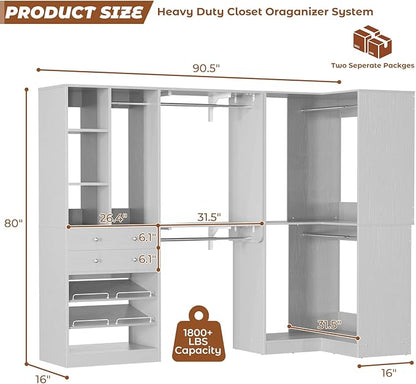 Closet System with 2 Drawers, 5 Hanging Robs, 4 Adjustable Shelves, 90.5"*31.5" Closet Organizer System with Corner Tower, L-shape Walk-in Closet System, Corner Closet System Set of 2, Morandi Grey