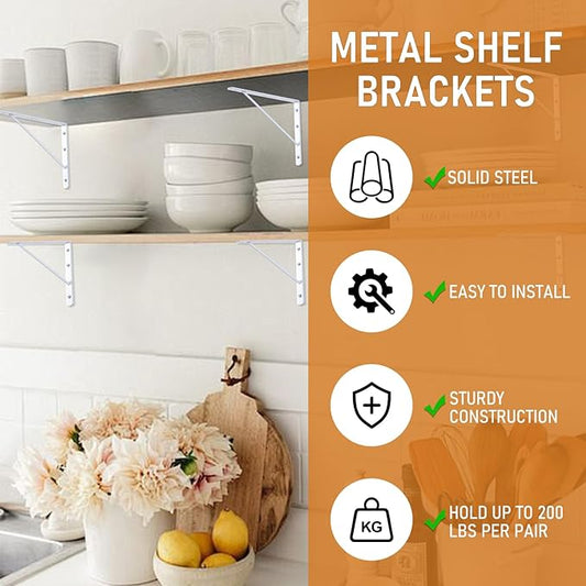 HOME MASTER HARDWARE 10 x 8 inch Metal Shelf Brackets, 90° Triangle L-Bracket, Wall Mount Supports for Floating Shelves w/ Screws, White 10-Pack
