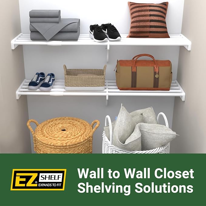 EZ Shelf - Expandable Linen Closet Shelves - 4 Pack of 28 to 48" Expandable Linen Shelves - White - Strong, Holds 100lbs/shelf - Easy to Install to 2 Side Walls- Wire Shelving Alternative