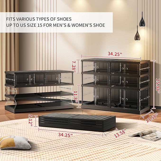 3 Tiers 6-12 Pairs Foldable Shoe Rack for Closet Plastic Stackable Shoe Boxes for Garage Collapsible Shoes Shelf with Doors Storage Organizer Cabinet Quick Assembly,Black