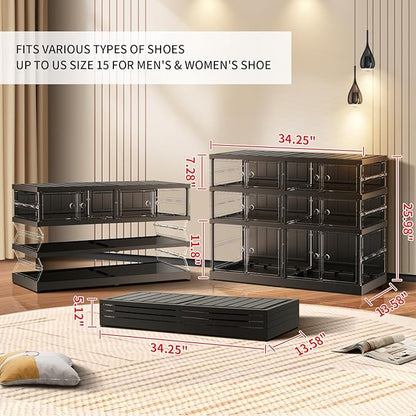 3 Tiers 6-12 Pairs Foldable Shoe Rack for Closet Plastic Stackable Shoe Boxes for Garage Collapsible Shoes Shelf with Doors Storage Organizer Cabinet Quick Assembly,Black