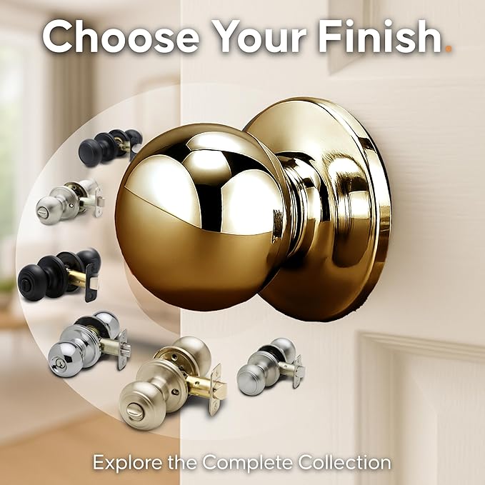 Copper Creek Passage Interior Door Knob – ANSI Grade-3 Certified, Modern Heavy Duty Handle, Easy Install and Reversible for Bedroom, Bathroom & Closets – Polished Brass (1 Pack)