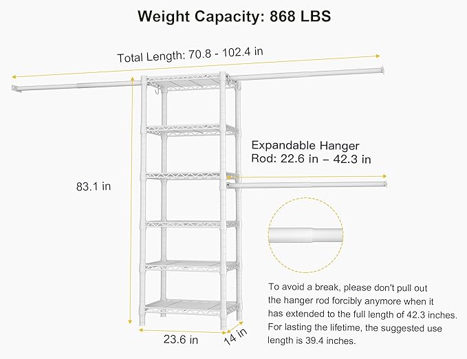 Ulif M5 Wall Mounted Clothes Garment Rack, Heavy Duty Closet Storage and Organizer with 6 Shelves and 3 Expandable Hanger Rods, Space Saver Suit (46.2-102.4)" W x 14" D x 83.1" H, White