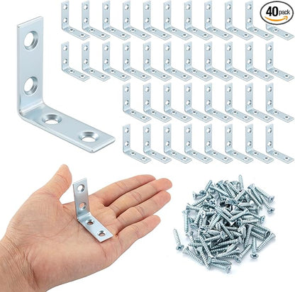 40 Pack L Bracket Corner Braces, Small Metal L Brackets for Wood, 1.5 inch Steel Joist Right Angle Brackets for Wood Shelves Chair Drawer Cabinet with Screws, Zinc Plated HOME MASTER HARDWARE