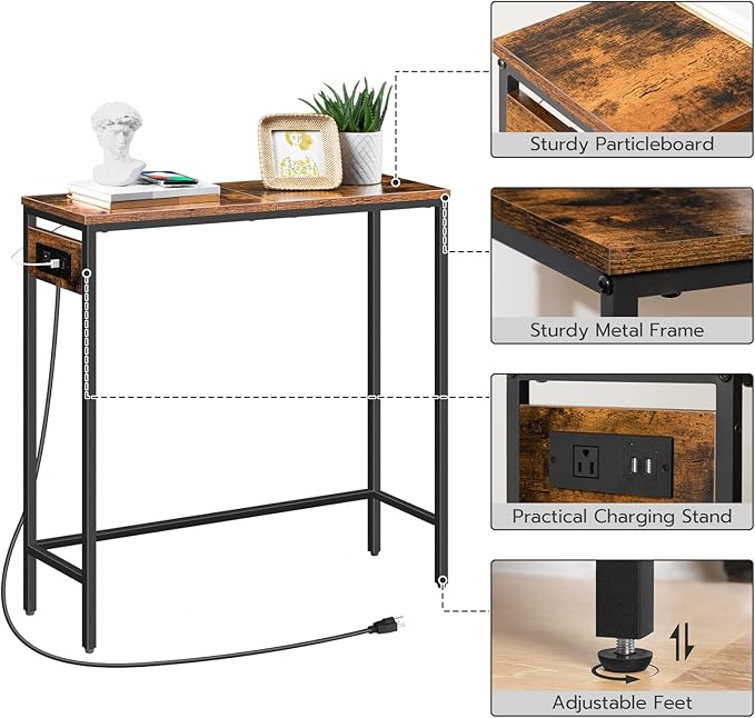 HOOBRO Narrow Console Table with Power Outlets, 29.5" Small Entryway Table with Charging Station, Thin Sofa Table, Side Table, for Hallway, Bedroom, Living Room, Rustic Brown and Black BF75UXG01