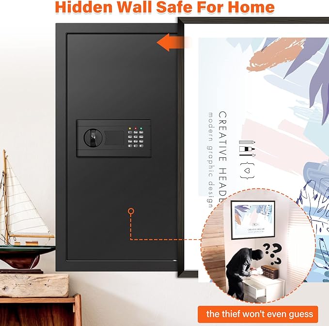 25.6" Tall Fireproof Wall Safes Between the Studs 16" Centers, Hidden Wall Safe with 2 Removable Shelf & Hidden Tray, Heavy Duty Wall Mount Safe for Money, Jewelry, Passport, Valuables