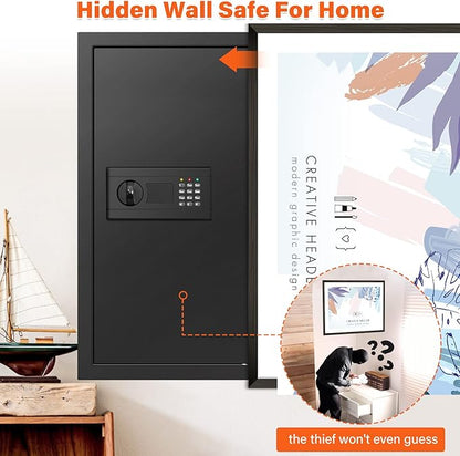 25.6" Tall Fireproof Wall Safes Between the Studs 16" Centers, Hidden Wall Safe with 2 Removable Shelf & Hidden Tray, Heavy Duty Wall Mount Safe for Money, Jewelry, Passport, Valuables