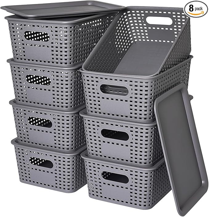 Plastic Storage Baskets with Lid - Plastic Storage Containers Stackable Storage bins: Storage Baskets for Organizing Shelves Drawers Desktop Closet Playroom Classroom Office, 8 Pack-Gray