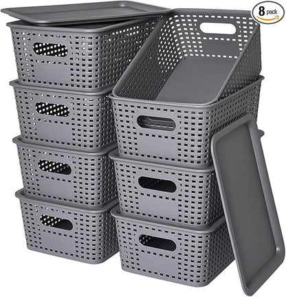 Plastic Storage Baskets with Lid - Plastic Storage Containers Stackable Storage bins: Storage Baskets for Organizing Shelves Drawers Desktop Closet Playroom Classroom Office, 8 Pack-Gray