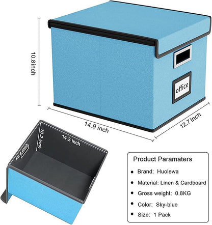 Huolewa File Organizer Box with Lid, Collapsible File Folder Organizer for Office Document Storage, Filing Box with Plastic Slide for Letter Size Hanging File Folders(1 Pack, Sky-blue)