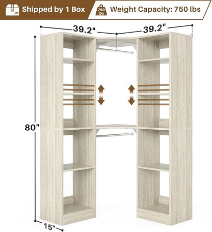 Corner Closet System with 12 Shelves, 39.2" Corner Closet Organizer System with 2 Hanging Rods, Versatile 6-Tier Walk-in Closets for Corner Space, White Oak (39.2" L x 39.2" W x 80" H)