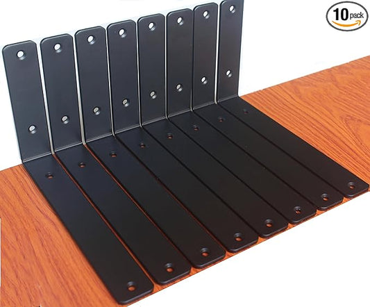 10 Pack - L 10" x H 6" x W1.5, 5mm Thick Black L Shelf Bracket, Iron Shelf Brackets, Metal Shelf Brackets, Floating Shelf, Shelf Supports with Screws