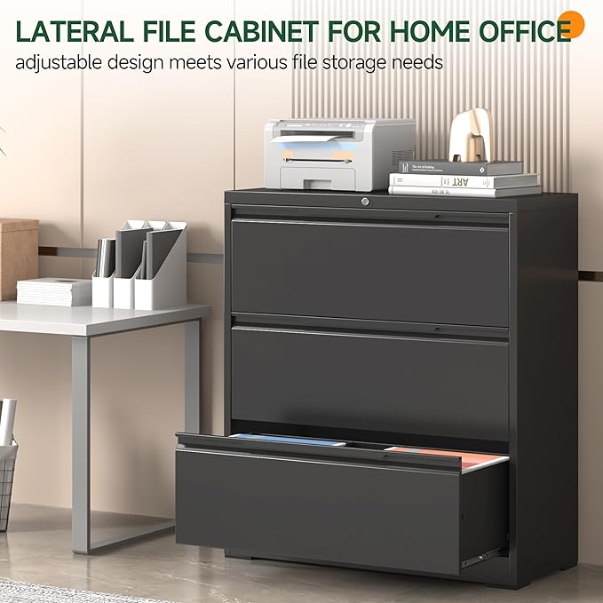 Lateral File Cabinet, 3 Drawer Lateral File Cabinet with Lock, Metal Filing Cabinets for Home Office, Black Wide Deep Drawer for Hanging Files Letter/Legal/A4/F4 Size, Printer Stand, Assembly Required
