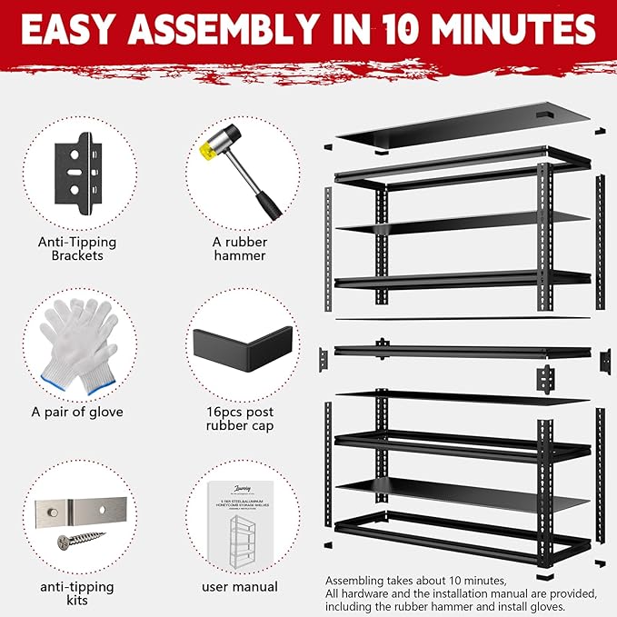 Garage Shelving, 5-Tier 3000LBS Heavy Duty Storage Rack with Sag-Proof Aluminum Deck, Adjustable Boltless Shelves 72" H x 48" W x 24" D for Garage, Basement & Workshop