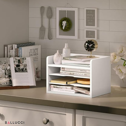 Ballucci File Organizer, 4-Tier Office Desk Organizer, Open Top Wood Paper Organizer for Classroom, Desktop Mail Sorter Paper Tray, White