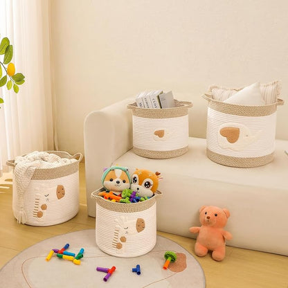 Large Blanket Baskets for Living Room Decor, Toy Storage Baskets Woven Cotton Rope Storage Basket for Kids, Dog Toys Organizer Clothes Hamper with Embroidery Decor for NurseryLaundry (Large, Elephant)