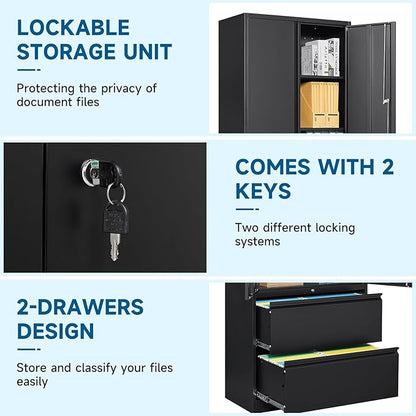 2-Drawer Metal File Cabinet, Lateral Vertical Filing Cabinets for Home Office, Locking File Cabinet with Storage Shelves, Legal/Letter/A4 Size Office File Cabinets (Black, Assemble Required)