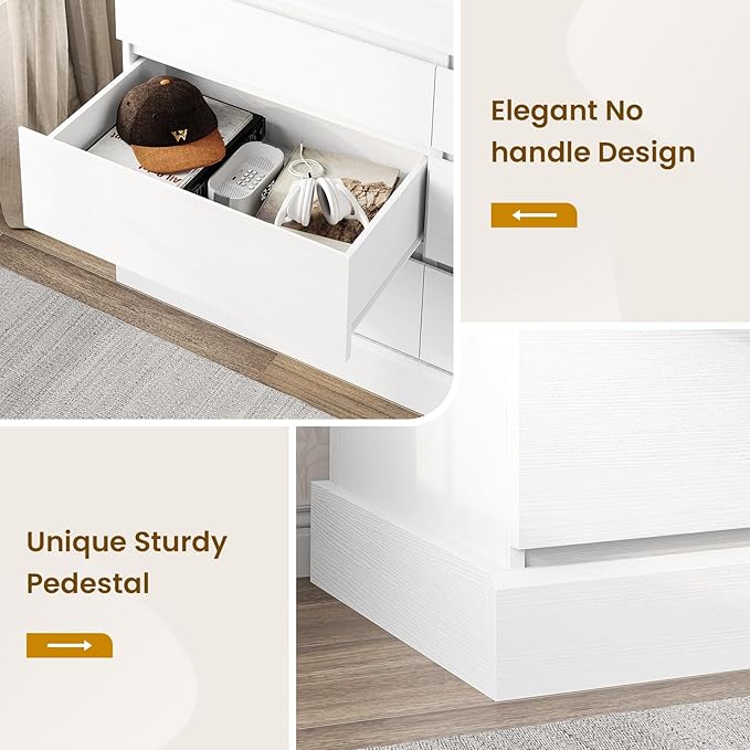 DICTAC 6 Drawers Dresser for Bedroom, White Modern Chest of Drawers, Storage Tower Clothes Organizer Closet, Long Double Dresser with No Handle Drawers, Dimensions 51.6''L x 15.7''D x 29.3''H