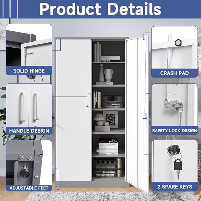 Metal Garage Storage Cabinet, 71" Locking Storage Cabinet with 2 Doors and 4 Adjustable Shelves, Lockable Metal Cabinet for Office,Home,Garage,Gym,School（Gray White）