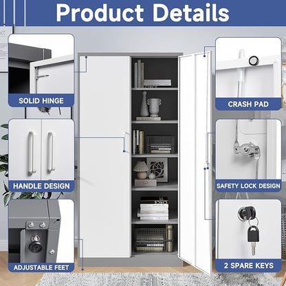Metal Garage Storage Cabinet, 71" Locking Storage Cabinet with 2 Doors and 4 Adjustable Shelves, Lockable Metal Cabinet for Office,Home,Garage,Gym,School（Gray White）