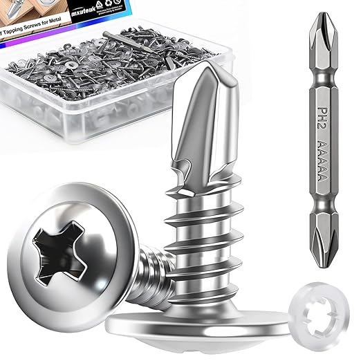 mxuteuk 530PCS #8×1/2" Self Tapping Screws,Self Drilling Screws for Metal,410 Stainless Steel Phillips Modified Truss Head Self Tapping Screw for Metal,Plastic,Wood(265pcs Silver Screw+265pcs Washer)