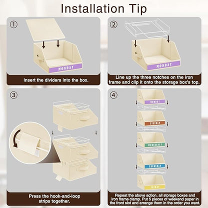 Closet Organizers and Storage - 5 Tier Shelf Organizer with Weekly Labels, Stackable Storage Bins with Metal Frame, Foldable Cube Bins, Home Baskets for Kids and Adults, Beige