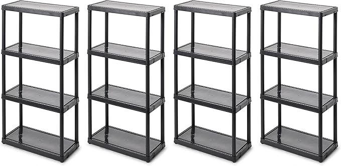 Gracious Living 4 Shelf Fixed Height Solid Light Duty Storage Unit 12 x 24 x 48" for Home, Garage, Basement, & Laundry, Black (4 Pack)