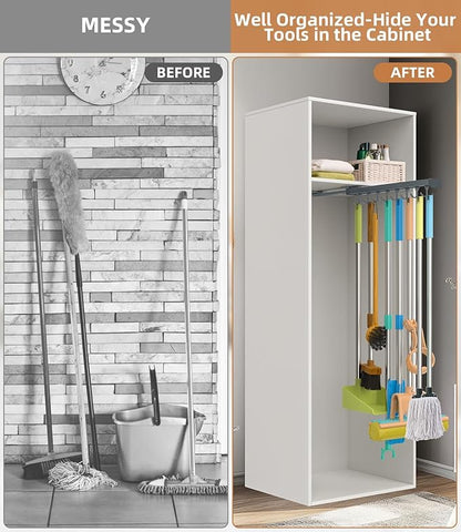 Pull Out Broom Holder, Multifunctional Slide Broom And Mop Storage/Organizer With Adjustable Double Row Sliding Hook, Garage Organization Hooks, for Closet Laundry Garage 46CM - grey - 46cm/18.11inch