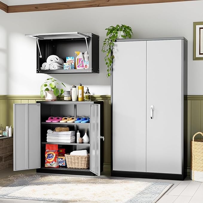 SUNCROWN Metal Storage Cabinets, 36”Locking Cabinet with Doors and Adjustable Shelves, Steel Utility Tool Garage Cabinets for Home, Office, Kitchen,Warehouse （Grey & Black）