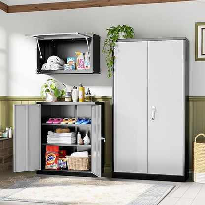 SUNCROWN Metal Storage Cabinets, 36”Locking Cabinet with Doors and Adjustable Shelves, Steel Utility Tool Garage Cabinets for Home, Office, Kitchen,Warehouse （Grey & Black）