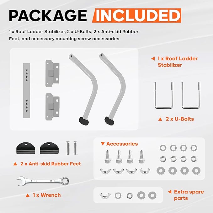 Aluminum Ladder Stabilizer Accessory for Roof Gutters with Wrench, Heavy Duty Extension Ladder Accessory, Wing Spread Wall Ladder Support/Wall Ladder Hook with Non-Slip Rubber Backing Pad
