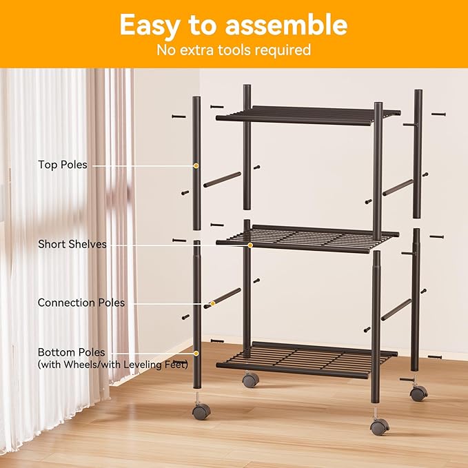 3 Tier Shelf Organizer Rack, Metal Shelving Unit with Wheels/Leveling Feet, Space-Saving Storage Shelves for Closet Laundry Bathroom Kitchen Pantry, 18.11" Wx12.6 Dx31.5 H