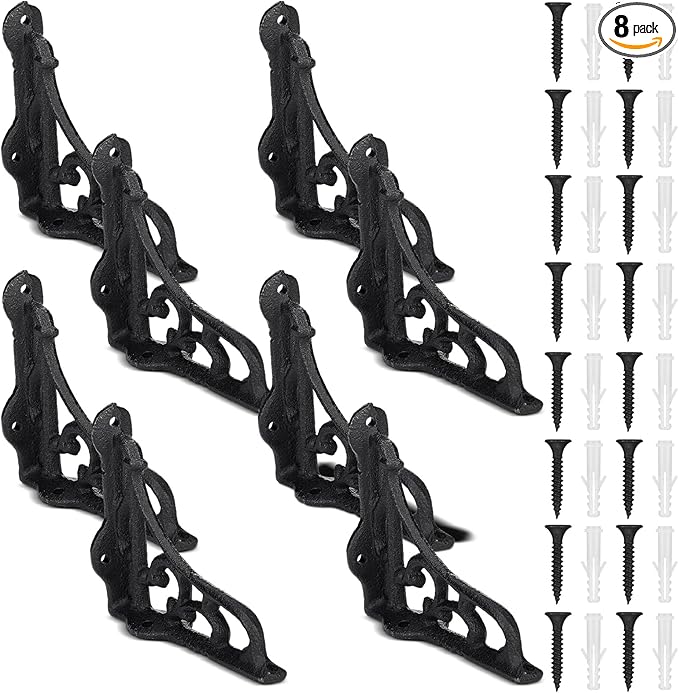 8 Pack 4-1/8 x 3-5/8 Black Antique Shelf Brackets Decorative L Cast Iron Shelf Bracket Brace Heavy Duty Wall Mounted Floating Rustic Vintage Baroque for Farmhouse DIY