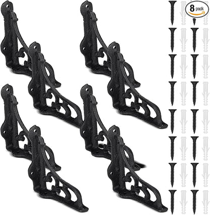 8 Pack 4-1/8 x 3-5/8 Black Antique Shelf Brackets Decorative L Cast Iron Shelf Bracket Brace Heavy Duty Wall Mounted Floating Rustic Vintage Baroque for Farmhouse DIY