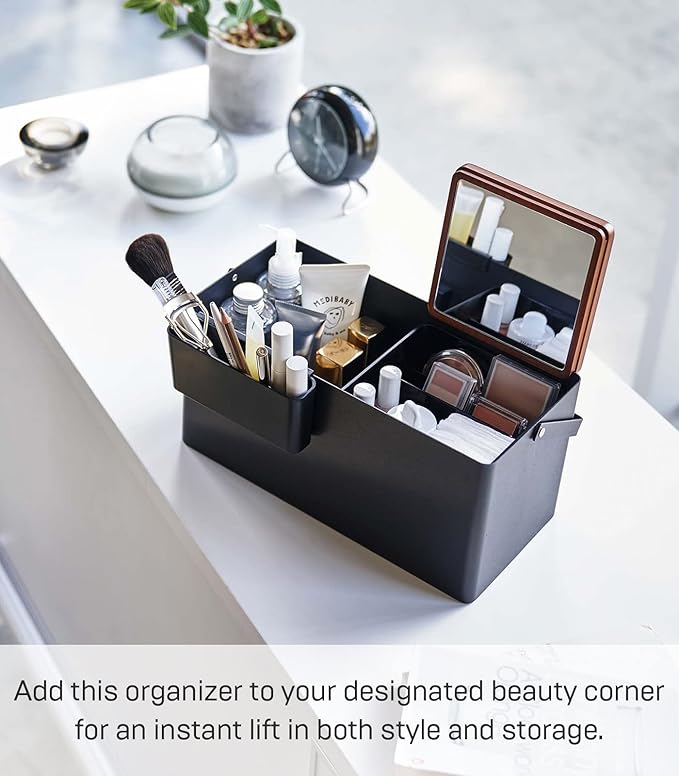 YAMAZAKI Home Tower Large Makeup Organizer Cosmetic Caddy With Handle Vanity Storage Drawer With Lid - Steel + Wood