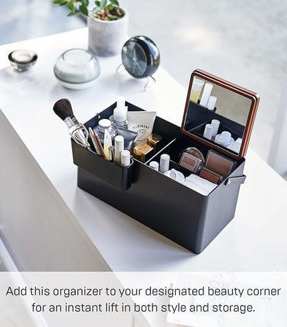 YAMAZAKI Home Tower Large Makeup Organizer Cosmetic Caddy With Handle Vanity Storage Drawer With Lid - Steel + Wood