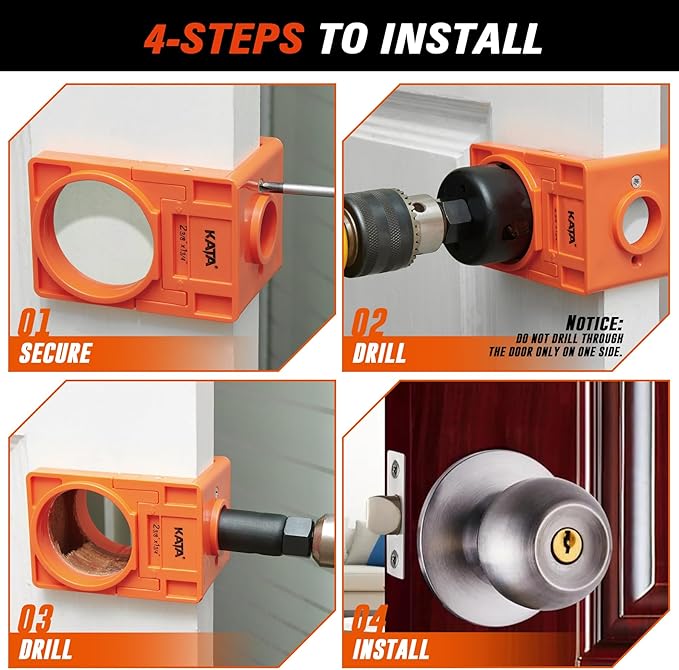 KATA 1-3/8" - 1-3/4" Door Lock Installation Kit with Large Chip-Clearance Slots, Door Lock Hole Saw for Deadbolts and Locksets for Wooden Doors with Guide Template, Carbon Steel, Orange