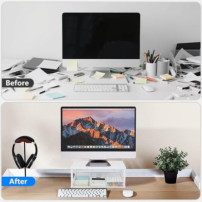 Small Laptop Stand for Desk, Monitor Stand Riser, Office Desk Accessories, Computer Desktop Stand with Drawer for Home, Office, School (White)