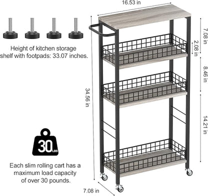 4 Tier Slim Storage Cart Narrow Laundry Cart on Wheels Utility Kitchen Rolling Cart with Wood Tabletop Mobile Shelving Unit Bathroom Storage Organizer Slide Out Rolling Tower for Narrow Spaces