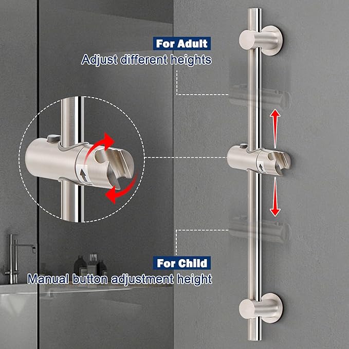 NearMoon Shower Slide Bar with Height/Angle Adjustable Handheld Shower Holder, Bathroom SUS 304 Stainless Steel Shower Head Holder for Bath (Adhesive, Brushed Nickel)