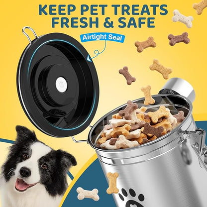 Dog Treat Container Airtight,5.9"x4.7" Stainless Steel Cat Treat Jar for Kitchen Counter with Scoop, Pet Storage for Fresh Dog Cookie